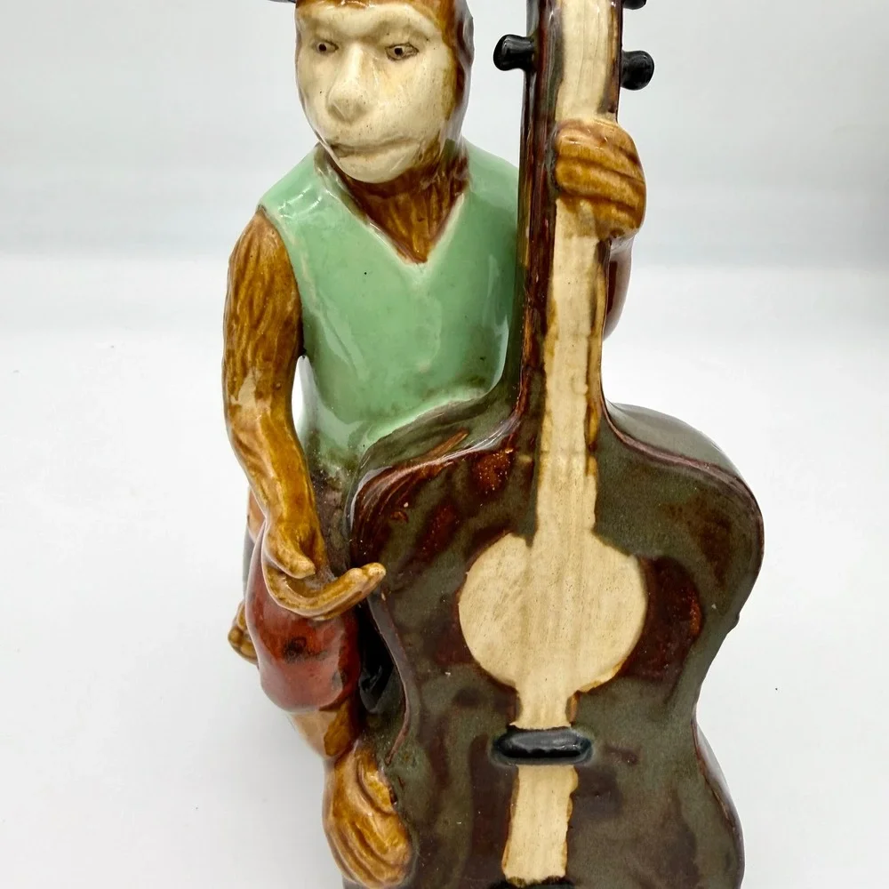 Majolica Style Ceramic Monkey Band Cellist Figurine Top Hat Drum Base